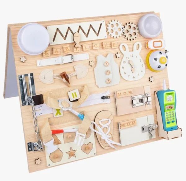 wooden busy board, sensory board